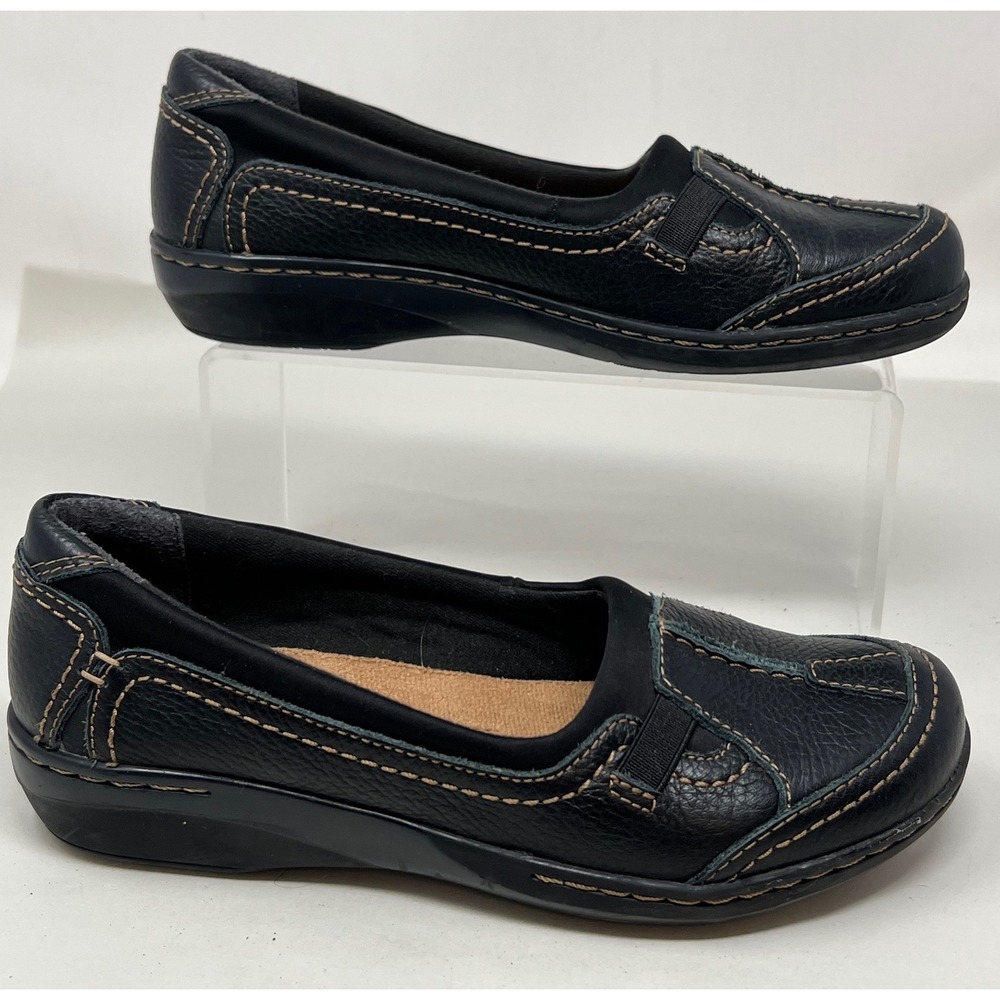 Clarks Collection Flats Womens 7.5 M Cushion Soft Leather Black Slip On Comfort